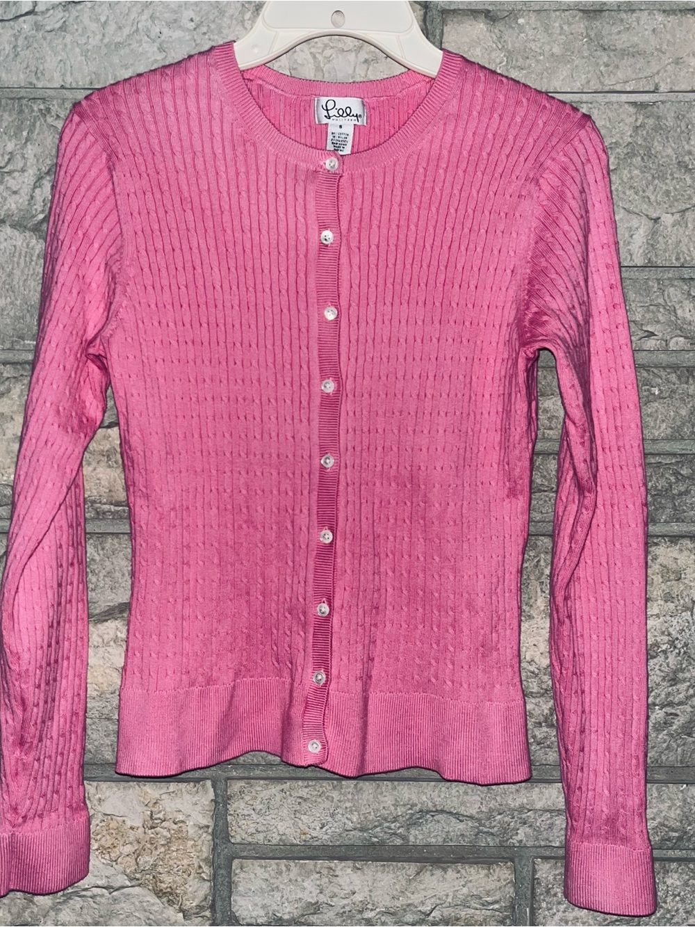 Lilly Pulitzer Pink Lil Cable Knit Cardigan Sweater Button Up EUC Lightweight SM